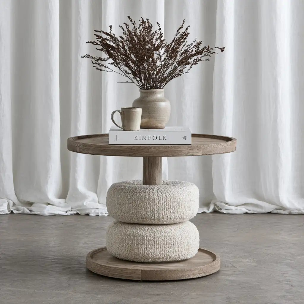 Tavolino laterale rotondo dalle linee moderne, bianco e beige, per la casa