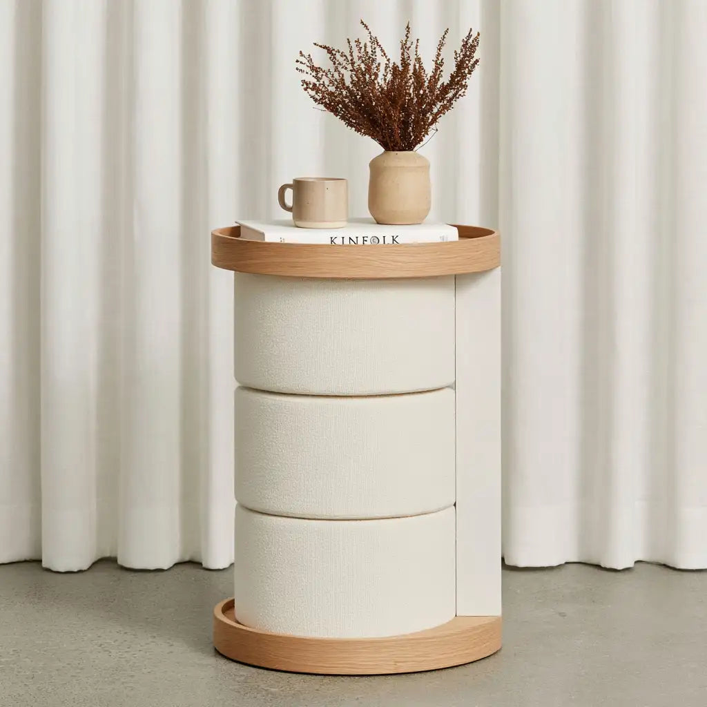 Tavolino laterale rotondo dal design essenziale, bianco e beige, per la casa