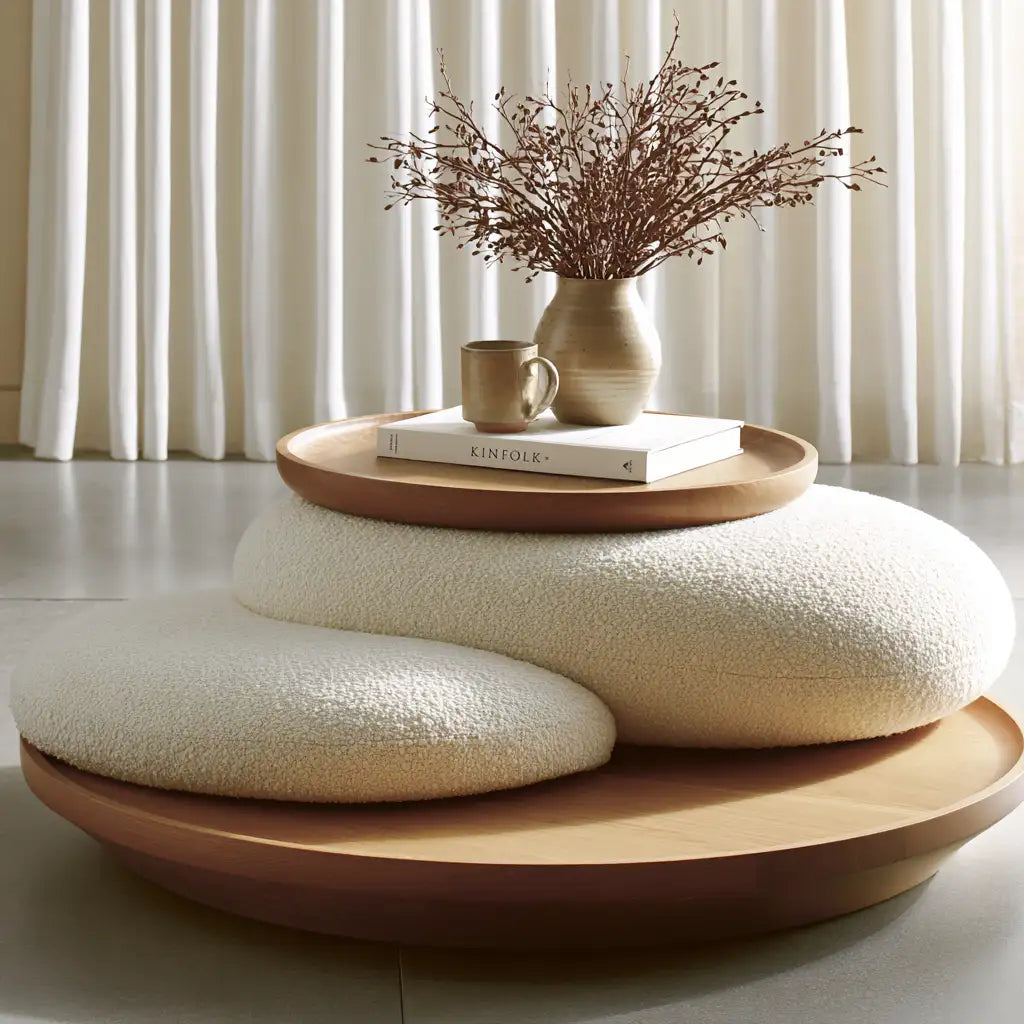 Tavolino laterale rotondo dalla forma compatta, bianco e beige, per la casa