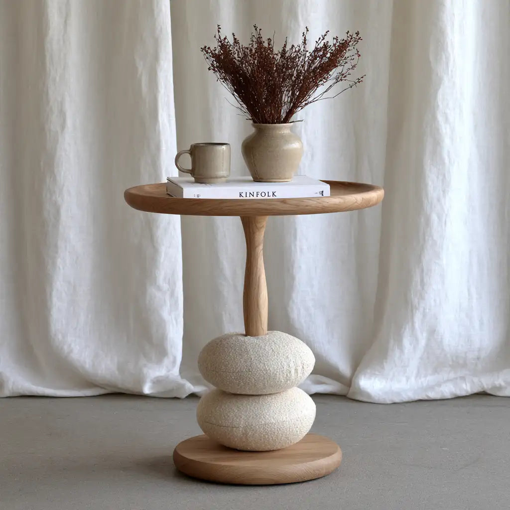 Tavolino laterale rotondo dal profilo contemporaneo, bianco e beige, per la casa