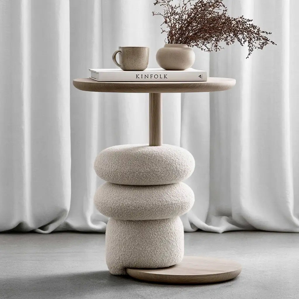 Tavolino laterale rotondo dalla forma compatta, bianco e beige, per la casa