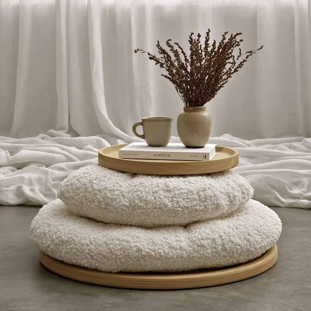 Tavolino laterale rotondo dal design essenziale, bianco e beige, per la casa
